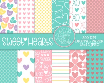 Pacote de papel digital Sweet Hearts, Papel digital para namorados, Papel para namorados, Papel para impressão, Corações, Amor, Papel para scrapbook, Download instantâneo,
