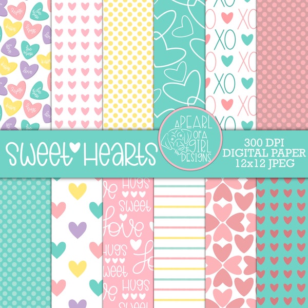 Sweet Hearts Digital Paper Pack, Valentine Digital Paper, Valentine Paper, Printable Paper, Hearts, Love, Scrapbook Paper, Instant Download,