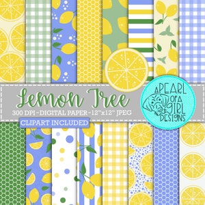 Papier numérique citronnier, motif citron, papier de scrapbooking, citron, rayures, été, cliparts, papier imprimable, usage personnel et commercial