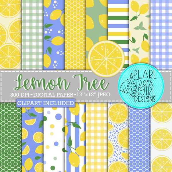 Lemon Tree Digital Paper, Lemon Pattern, Scrapbook Paper, Lemon, Stripes, Summer, Clipart, Printable Paper, Personal & Commercial Use