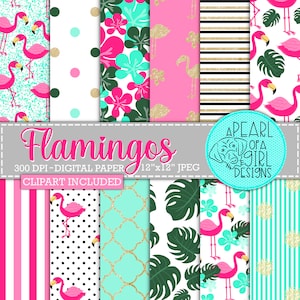 Flamingo Digital Paper, Flamingo Background, Tropical Pattern, Flamingo Scrapbook Paper, Gold Glitter, Pink, Aqua, Personal & Commercial Use