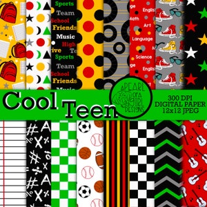 Cooles Teen Digital Paper Pack, druckbares Papier, High School, Scrapbook, Teenager, Boy Party, Sport, rot, schwarz, persönliche und kommerzielle Nutzung
