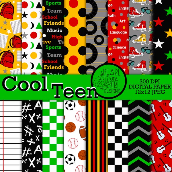 Cool Teen Digital Paper Pack, Printable Paper, High School, Scrapbook, Teenager, Boy Party, Sports, Red, Black, Personal & Commercial Use