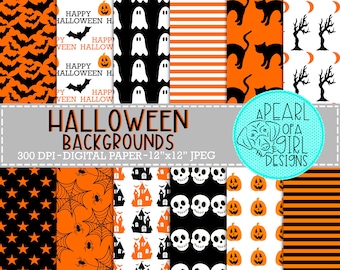 Halloween Digital Paper, Halloween Paper Pack, Halloween Scrapbook Paper, Ghosts, Bats, Spiders, Seamless Pattern, Personal & Commercial Use
