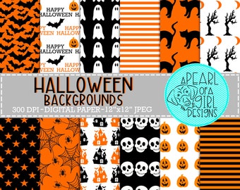 Halloween digitalt papper, Halloween papperspaket, Halloween scrapbookpapper, spöken, fladdermöss, spindlar, sömlöst mönster, personligt och kommersiellt bruk