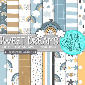 Papel digital Boho Rainbow, papel para scrapbook arco-íris, papel para scrapbook para bebês, berçário Boho, estrelas, nuvens, azul, download instantâneo