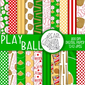 Play Ball Digital Paper Pack, Baseball Printable Paper, Scrapbook, Baseball Print, Backgrounds, Green, Red, White, Personal & Commercial Use