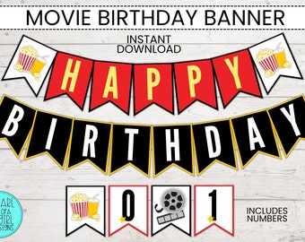 Movie Night Birthday Banner, PRINTABLE Birthday Banner, Movie Night Banner, Movie Theme Party, Happy Birthday Banner, INSTANT DOWNLOAD