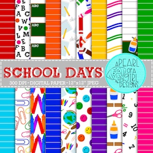 School Days Digital Paper, School Scrapbook Paper, Kids Scrapbook Paper, School Supplies, School Background, Seamless, Instant Download