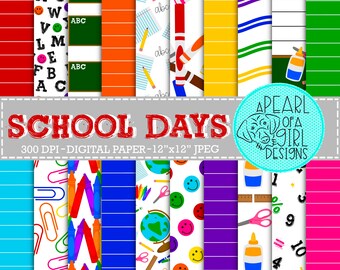Schooldagen digitaal papier, school plakboekpapier, kinderen plakboekpapier, schoolbenodigdheden, schoolachtergrond, naadloos, direct downloaden