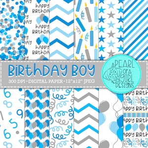 Birthday Boy Digital Paper Pack, Birthday Paper, Scrapbook, Happy Birthday, Boys, Blue, Gray, Confetti, Streamers, Personal & Commercial Use