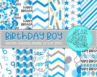 May include: A set of 12x12 inch digital papers featuring blue and gray patterns with birthday themes. The patterns include confetti, balloons, candles, stars, stripes, and numbers. The text "Birthday Boy" and "A Pearl of a Girl Designs" are also included.