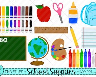 Back to School Clipart Set, School Supplies Clipart, Teacher Clipart, Scrapbook, PNG, Marker, Crayon, Chalkboard, Personal & Commercial Use