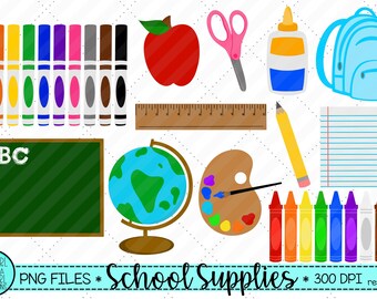 May include: A set of colorful school supplies including crayons, markers, a globe, a paint palette, a ruler, a pencil, scissors, glue, a backpack, a chalkboard with the letters ABC, and a sheet of lined paper.