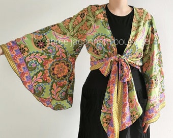 silk crop top / wrap / blouse / hippie chic / elegant / gift for her / belted top / vintage top