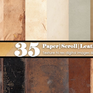 May include: A collage of 35 high-resolution digital images of paper, scroll, and leather textures. The images are 600dpi and feature a variety of colors and patterns.