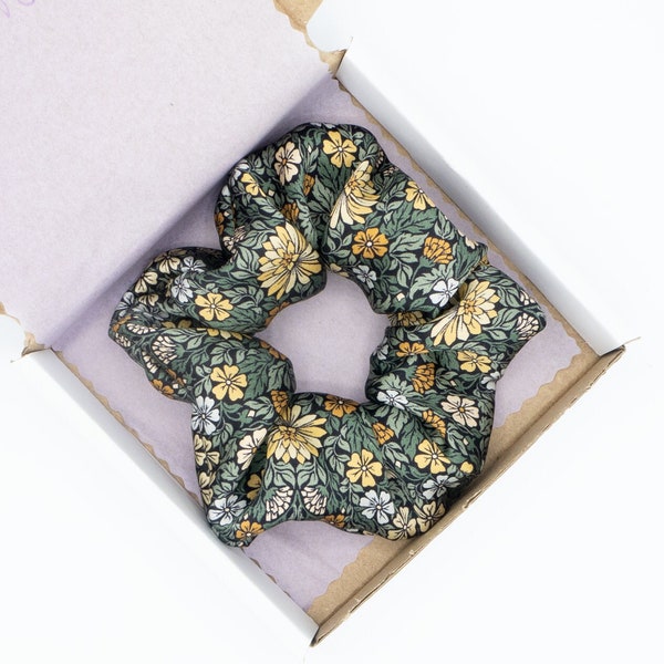 Latest 100% Liberty Pure Silk 'Moonflower - Olive' Print Scrunchies Small, Medium, Large and XL | Handmade Pure Mulberry Silk Scrunchie