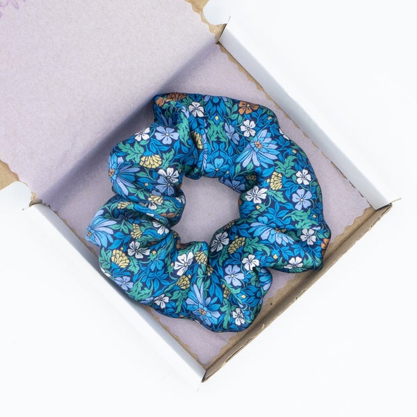 100% Liberty Pure Silk 'Moon flower - Blue' Print Scrunchies Small, Medium, Large and XL | Handmade Pure Mulberry Silk Scrunchie, Gifts