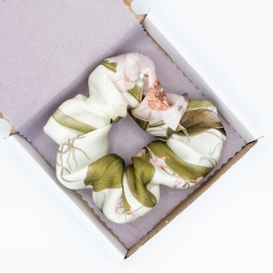 Latest 100% Liberty Pure Silk 'Keiko Study - White' Print Scrunchies Small, Medium, Large and XL | Handmade Pure Mulberry Silk Scrunchie