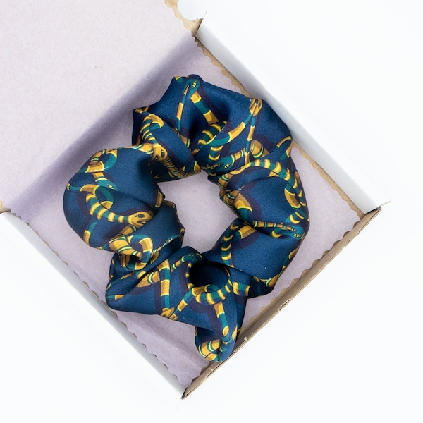 100% Liberty Pure Silk 'Vespertine Chain - Navy' Print Scrunchies Small, Medium, L, and XL Handmade Pure Mulberry Silk Scrunchie and gifts