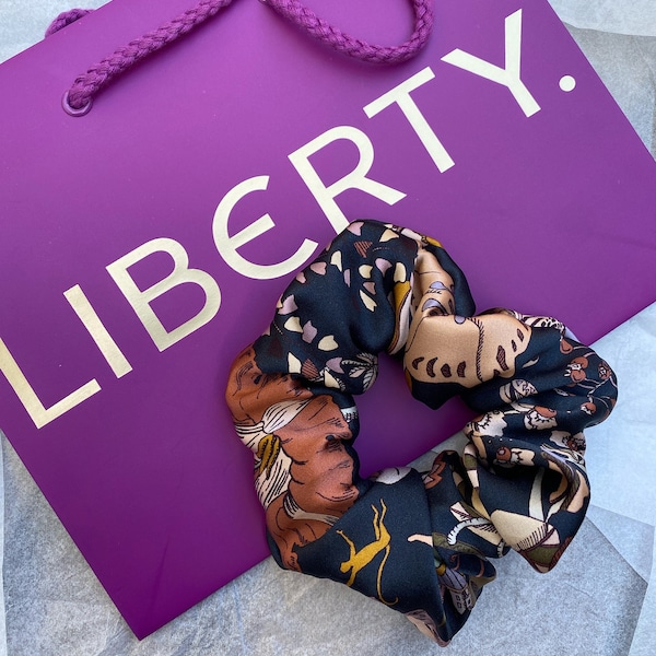 Latest 100% Liberty Pure Silk 'Fantasy Land - Black' Print Scrunchies Small, Medium, Large and XL | Handmade Pure Mulberry Silk Scrunchie