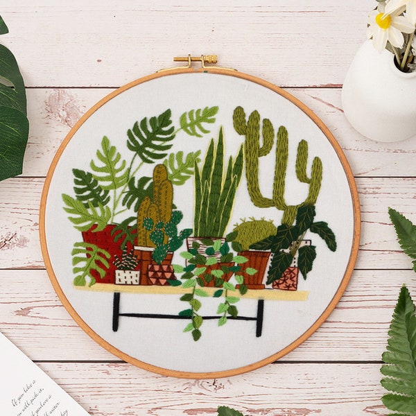 Succulent Plant Cactus Embroidery craft kit with an enchanting pattern for 20 cm hoop (options available)