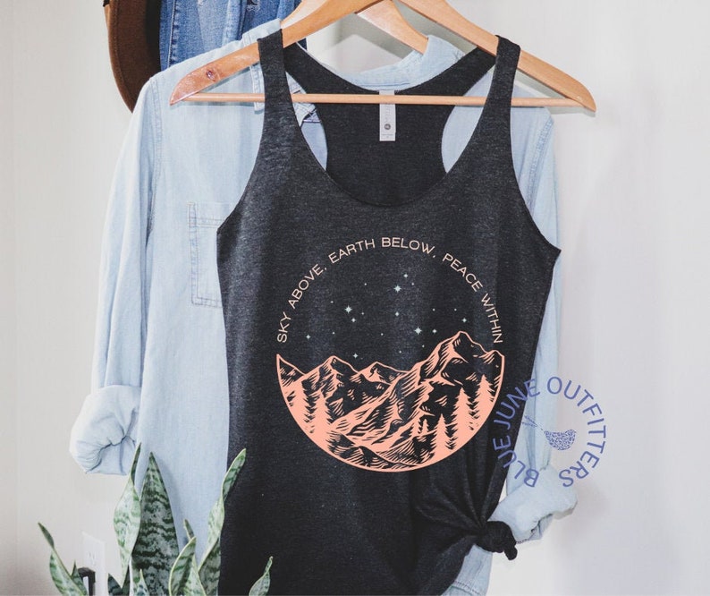 Yoga Apparel Women/'s Racerback Tank Sky Above Earth Below Peace Within Tank Nature Tank Top Mountains Tank Forest Tank