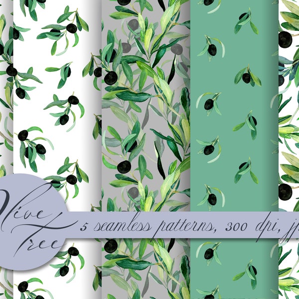 Watercolor Olive Tree digital paper, Green olive branch seamless pattern, Olives background, Greece olives for textile, laurel tree drawn