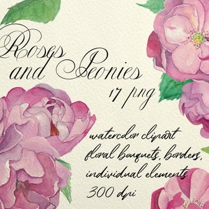 Aquarell Rosa Rosen und Pfingstrosen Clipart / Rosen Floral Rahmen & Borten / Pfingstrosen Bouquet / Sommer Party Decore / Geburtstag Blumen Kompositionen