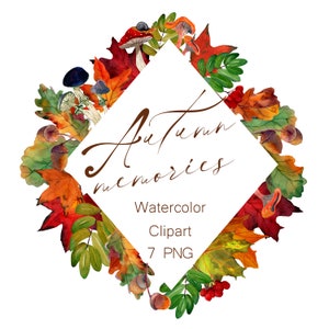 Aquarell Herbst Laub Clipart/ Ahorn und Eiche Blätter in Bordüren/ Kranz und Rahmen Herbst / Eicheln und Pilze / Dekorative Elemente PNG