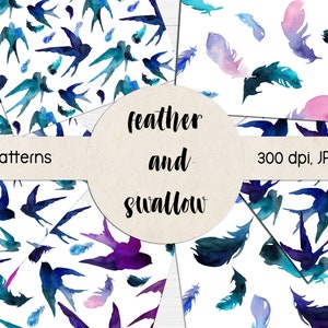 Paquet de papier numérique Swallow / aquarelle oiseaux et plumes décor en papier / tissu personnalisé oiseau / pack de motifs sans couture / téléchargement instantané