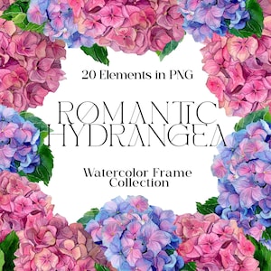 Collection de cadres romantiques d'hortensias/ 20 éléments décoratifs et compositions/ bordures luxuriantes d'hortensias/ fichiers PNG imprimables/ téléchargement immédiat
