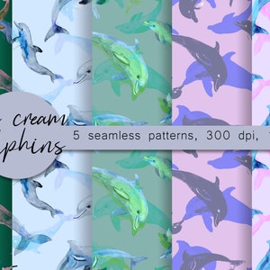 Aquarell handgezeichnete Delfine auf rosa, blau, grünem Hintergrund/ Digital Paper Pack mit Delfin Silhouette Printable File/ Textile Vorlage
