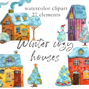 Acquerello inverno case accoglienti clipart/Case medievali della città vecchia in neve file stampabile/Costruttore di piccoli villaggi carino/Scrapbooking File PNG