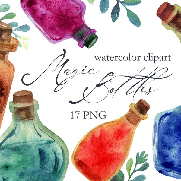Watercolor Magic Bottles Clipart / Witchcraft Glass Bottles with Magical Elements of water, air, earth, fire / Fun Halloween Potion and Oil