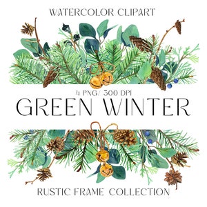 Pin à feuilles persistantes et cônes cadres Clipart. Collection de dessins à l'aquarelle, 4 articles. Arbre de Noël, frontière rustique d’hiver. Décor vert imprimable.
