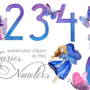 Aquarell dekorative Zahlen Clip Art, Baby Mädchen Geburtstag Dekor, New Born Monat Meilenstein DIY Drucke mit Schmetterling & Feen, Blumen