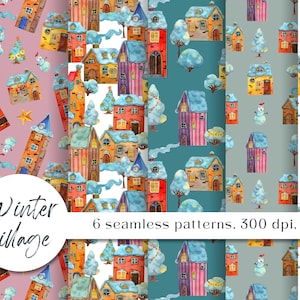 Case ad acquerello carta digitale/case medievali della città vecchia in un set di modelli senza soluzione di continuità/simpatico sfondo del piccolo villaggio/file stampabili di Scrapbooking