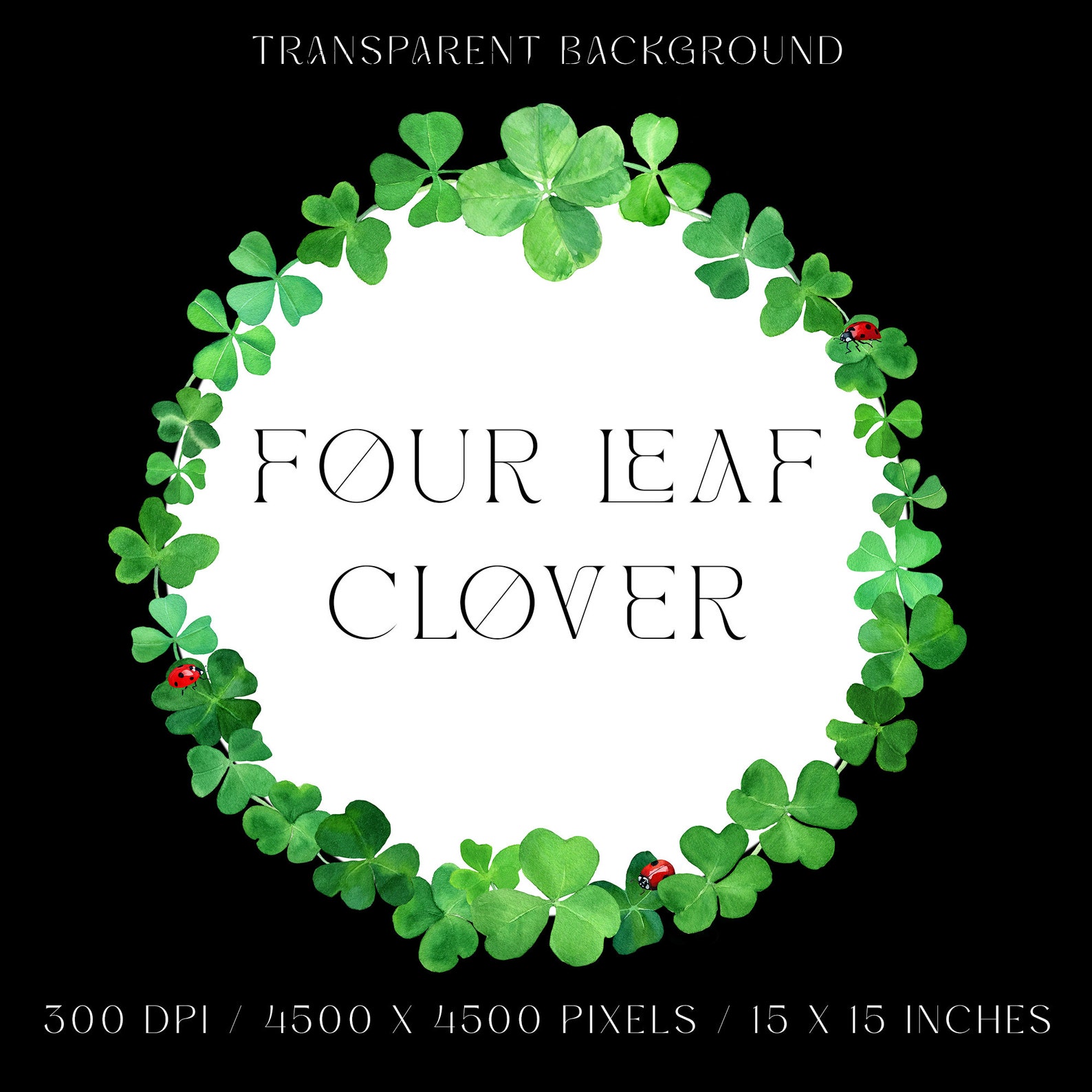 Four Leaf Clover Wreath, Printable Round Frame With Clover, Watercolor
