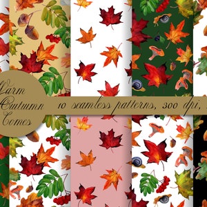 Aquarell Herbst digitale Papierpackung/ Nahtlose Muster mit Herbstlaub/ Pilze und Schnecken hintergrund/ Ahorn und Eiche gelbe Blätter