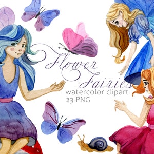 Magic Fairies watercolor clipart set/Fairy and flowers 23 PNG elements/Birthday invite decore collection, template printable files.