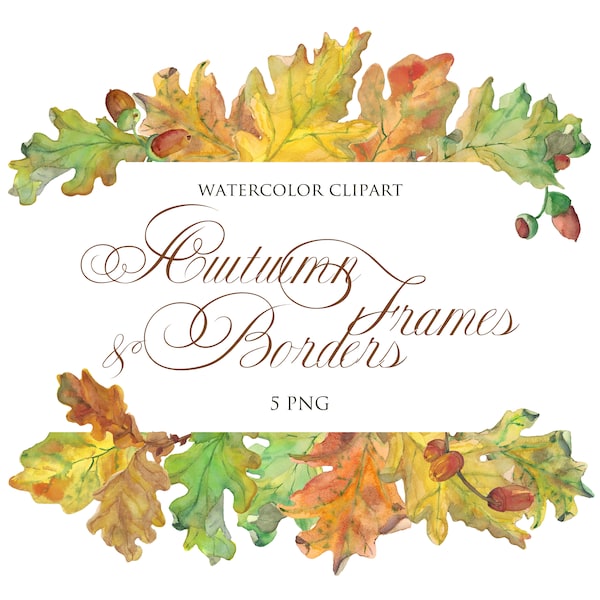 Watercolor Autumn Leaves Branches Clipart/ Digital Download Frames Borders Wreaths/ Fall Foliage Elements PNG Instant Download/ Scrapbooking