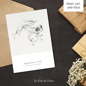 Peut inclure: Illustration en noir et blanc d'une grenouille Agalychnis lemur sur une carte blanche. La carte est à côté d'une enveloppe brune et de paquets emballés. Le texte sur la carte indique "Agalychnis lemur, en danger critique" et "by Kim de Haan."