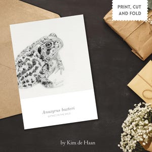 May include: Black and white illustration of a toad, Anazyrus baxteri, on a card. The card is next to a brown envelope, wrapped gifts, and flowers. Text on the card reads "EXTINCT IN THE WILD" and "PRINT, CUT AND FOLD."