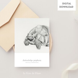 May include: A grayscale illustration of a tortoise, Astrochelys yniphora, labeled as critically endangered. The artwork is on a white card with the text "DIGITAL DOWNLOAD" and is accompanied by a beige envelope.