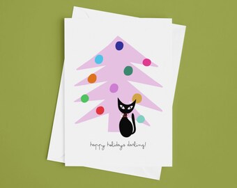 Happy Holidays Darling Retro Card Set | Mid Century Christmas Cards | Pink Christmas Cards  | Christmas Invitations |  Custom Christmas Card