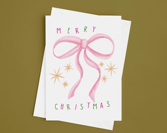 Pink Bow Merry Christmas Greeting Card Pack | Pink Bow Christmas Cards | Girly Pink Christmas Cards | Blank Christmas Greeting Card Set
