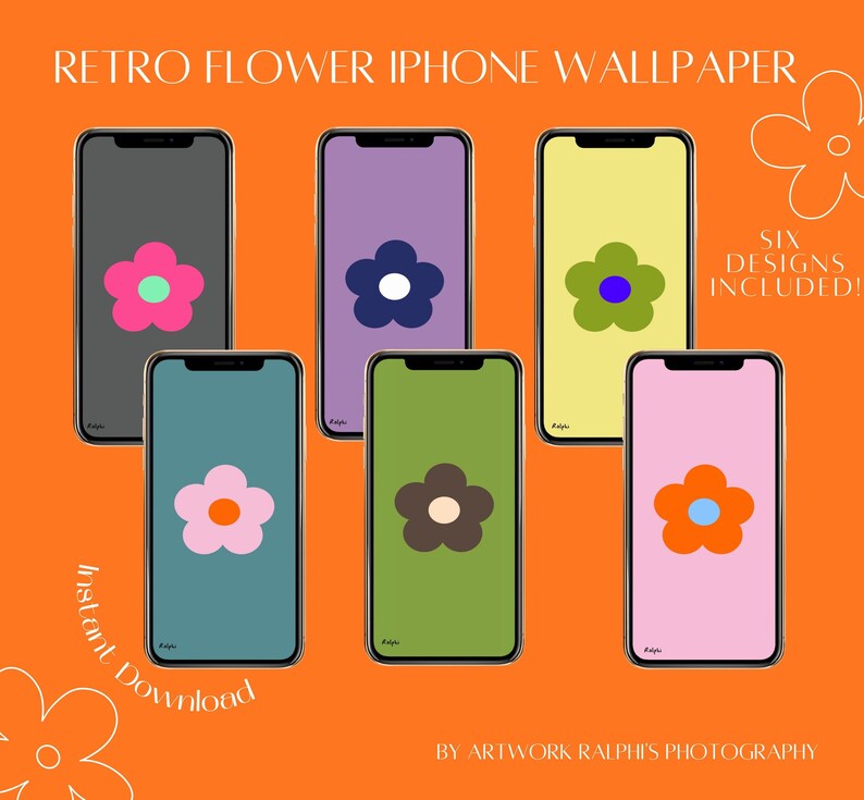 May include: Six different retro flower iPhone wallpapers. Each wallpaper features a different colored flower with a simple design on a solid background. The colors include pink, purple, yellow, teal, green, and pink.
