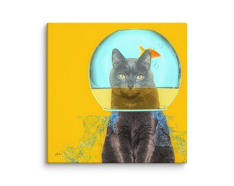 Mischievous Grey Cat Fish Bowl 20x20 Canvas Print