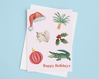 Happy Holidays Beach Inspired Christmas Cards 6 Pack | Christmas Greeting Card Set | Watercolor Southern Christmas Cards